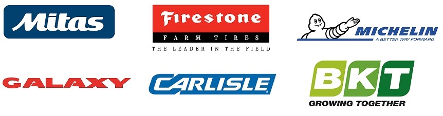 Farm tire brands Mitas, Firestone, Michelin, Galaxy, Carlisle, and BKT